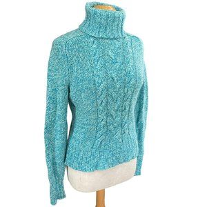 Express Wool Cashmere Fisherman Cable Knit Turtleneck Blue Ski Coastal Sweater-L